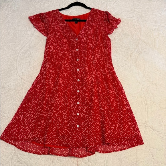 Aqua Dresses & Skirts - Aqua Red V‑Neck Button‑Front Midi Dress with White Dot Print